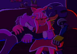 Size: 1280x899 | Tagged: safe, artist:jennsterjay, amy rose, blaze the cat, sonic the hedgehog, cat, hedgehog, aged up, amy x blaze, amy x sonic, bisexual, female, lesbian, male, polyamory, shipping, sonazamy, straight, trio