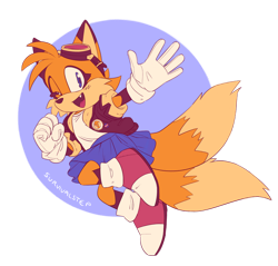 Size: 1600x1529 | Tagged: safe, artist:survivalstep, miles "tails" prower, fox, abstract background, aviator jacket, badge, female, gender swap, goggles, headcanon, semi-transparent background, skirt, solo, trans female, trans girl tails, trans pride, transgender, waving, wink