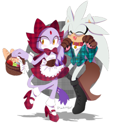 Size: 1280x1329 | Tagged: safe, artist:merdiia, blaze the cat, silver the hedgehog, cat, hedgehog, abstract background, cosplay, duo, female, little red riding hood, male, semi-transparent background, shipping, silvaze, straight