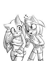 Size: 1800x2200 | Tagged: safe, artist:gssky, amy rose, sonic the hedgehog, hedgehog, amy x sonic, duo, female, gender swap, male, monochrome, r63 shipping, shipping, simple background, straight, white background