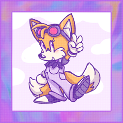Size: 1000x1000 | Tagged: safe, artist:metallicmadness, miles "tails" prower, fox, abstract background, blushing, cute, gloves, goggles, looking up, mouth open, redesign, shoes, solo, standing on one leg, v sign, white tipped shoes