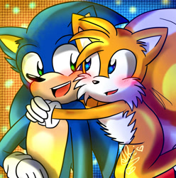 Size: 1280x1290 | Tagged: safe, artist:sirinathehedgehog, miles "tails" prower, sonic the hedgehog, fox, hedgehog, sonic the hedgehog (2020), abstract background, blushing, cute, duo, fluffy, flying, gloves, hair over one eye, holding them, looking at each other, mouth open, spinning tails