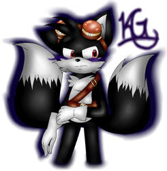 Size: 900x918 | Tagged: safe, artist:royaltwilight, miles "tails" prower, fox, fanfic:dark tails unleashed, belt, dark form, dark tails, evil, evil tails, frown, gloves, goggles, looking offscreen, red eyes, signature, simple background, solo, sonic boom (tv), standing, transparent background