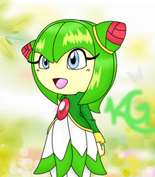 Size: 780x890 | Tagged: safe, artist:royaltwilight, cosmo the seedrian, seedrian, arms behind back, blue eyes, dress, looking offscreen, mouth open, signature, solo, sonic x, standing