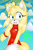 Size: 800x1200 | Tagged: safe, artist:royaltwilight, zooey the fox, fox, blue eyes, blushing, clouds, dress, looking at viewer, mouth open, signature, solo, sonic boom (tv), standing, wrapped in tail, yellow fur