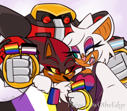 Size: 1150x1006 | Tagged: safe, artist:owotheedge, e-123 omega, rouge the bat, shadow the hedgehog, bat, hedgehog, asexual pride, bisexual pride, cape, demiboy pride, eyeshadow, facepaint, fangs, flag, gay pride, headcanon, heart, holding something, lipstick, looking at each other, looking at them, mouth open, pride, purple background, redesign, robot, simple background, smile, team dark, trio, wink