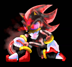 Size: 1024x952 | Tagged: safe, artist:chaosyrups, shadow the hedgehog, hedgehog, au:spirits of the three rings, black background, frown, gloves, glowing eyes, holding something, kneeling, red eyes, ring, shoes, simple background, solo