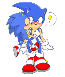 Size: 792x936 | Tagged: safe, artist:karinathehedgehog, artist:mels-sonic-gubbins, sonic the hedgehog, hedgehog, blushing, classic sonic, clenched teeth, duo, exclamation mark, eyes closed, gay, gloves, holding them, kiss on cheek, mid-air, modern sonic, self paradox, selfcest, shoes, shrunken pupils, simple background, socks, sonic x sonic, standing, surprised, sweatdrop, transparent background