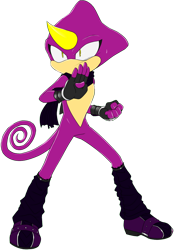 Size: 1024x1473 | Tagged: safe, artist:missydischa, espio the chameleon, chameleon, clenched fist, fingerless gloves, looking ahead, no mouth, posing, redesign, scarf, shoes, simple background, socks, solo, standing, sweatdrop, transparent background, yellow eyes