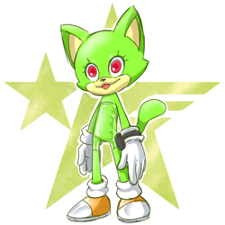 Size: 620x620 | Tagged: safe, artist:thegreatrouge, oc, oc:plurmp dankenstien mcflurntin the cat, cat, sonic forces, abstract background, game grumps, gloves, green fur, looking ahead, mouth open, red eyes, shoes, socks, solo, standing, star (symbol), wtf?