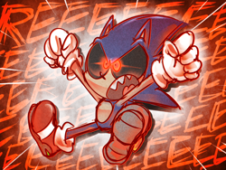 Size: 800x600 | Tagged: safe, artist:thegreatrouge, sonic the hedgehog, oc, oc:sonic.exe, hedgehog, abstract background, arms out, black sclera, buckle, clenched fists, dialogue, evil, gloves, glowing eyes, mid-air, mouth open, red eyes, reee, sharp teeth, shoes, socks, too cute to be taken seriously