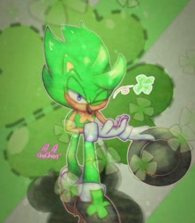 Size: 640x732 | Tagged: safe, artist:onechanart, irish the hedgehog, hedgehog, abstract background, four leaf clover, gloves, hat, holding something, one eye closed, shoes, signature, smile, solo, walking
