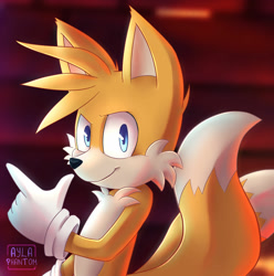 Size: 1280x1292 | Tagged: safe, artist:aylaphantom, miles "tails" prower, fox, abstract background, blue eyes, gloves, looking at viewer, pointing, signature, smile, solo, standing, yellow fur