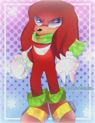 Size: 1405x1822 | Tagged: safe, artist:sainintendo, knuckles the echidna, echidna, sonic the hedgehog 2 (2022), abstract background, buckle, clenched fists, frown, gloves, looking offscreen, purple eyes, redesign, scarf, shoes, solo, standing