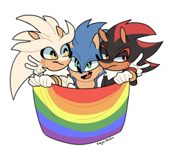 Size: 1024x894 | Tagged: safe, artist:kamifoxart, shadow the hedgehog, silver the hedgehog, sonic the hedgehog, hedgehog, double v sign, flag, frown, gay pride, holding something, looking at them, looking at viewer, looking offscreen, mouth open, one fang, pride, redesign, signature, simple background, smile, transparent background, trio