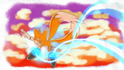 Size: 1192x670 | Tagged: safe, artist:rubyofblue, miles "tails" prower, fox, sonic adventure, arms out, clouds, concept art, flying, gloves, jet anklet, mid-air, modern style, shoes, socks, solo