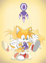 Size: 1024x1409 | Tagged: safe, artist:spitfirelex, miles "tails" prower, fox, sonic adventure, gloves, gradient background, looking at something, mouth open, rhythm badge, shoes, socks, solo, spinning, standing on one leg