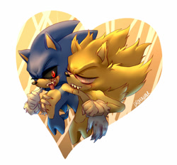 Size: 1280x1189 | Tagged: semi-grimdark, artist:kingofhighlands, sonic the hedgehog, oc, oc:sonic.exe, hedgehog, abstract background, biting, black sclera, bleeding, bleeding from eyes, blood, crack shipping, fangs, fleetway super sonic, gay, gloves, heart, holding them, lidded eyes, one eye closed, red eyes, selfcest, shipping, signature, sonic x sonic, standing, tongue out, torn gloves