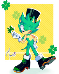 Size: 1044x1309 | Tagged: safe, artist:miyartz, irish the hedgehog, hedgehog, abstract background, blue eyes, four leaf clover, gloves, green fur, hand on hip, hat, looking offscreen, mouth open, one fang, shoes, signature, solo, standing on one leg, wink