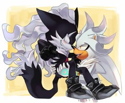 Size: 1024x846 | Tagged: safe, artist:beadichnoa, infinite the jackal, silver the hedgehog, hedgehog, jackal, sonic forces, abstract background, blushing, carrying them, clenched teeth, duo, gay, lidded eyes, looking at each other, mouth open, shipping, silvinite, smile, standing