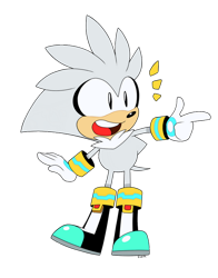 Size: 600x765 | Tagged: safe, artist:finikart, silver the hedgehog, hedgehog, sonic mania adventures, boots, looking offscreen, mouth open, neck fluff, pointing, simple background, solo, standing, style emulation, transparent background
