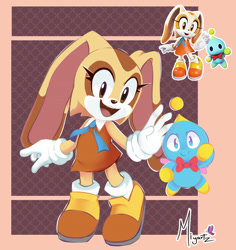 Size: 1026x1085 | Tagged: safe, artist:miyartz, cheese (chao), cream the rabbit, chao, rabbit, bowtie, dress, flying, gloves, looking at viewer, mouth open, neutral chao, redraw, reference inset, shoes, signature, socks, standing
