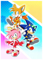 Size: 1024x1408 | Tagged: safe, artist:sonictheedgehog, amy rose, miles "tails" prower, sonic the hedgehog, fox, hedgehog, abstract background, checkered background, concept outfit, dress, fingerless gloves, gloves, hand-out, mid-air, modern amy, modern sonic, modern style, modern tails, mouth open, shoes, smile, socks, sonic riders, standing, sunglasses, trio
