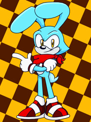 Size: 1280x1707 | Tagged: safe, artist:smaximations, feels the rabbit, rabbit, bandana, blue fur, checkered background, gloves, hand on arm, looking at viewer, orange eyes, pointing, redesign, shoes, smile, solo, standing