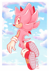 Size: 1280x1854 | Tagged: safe, artist:candycatstuffs, sonic the hedgehog, super sonic, oc, oc:sakura sonic, hedgehog, alternate super form, clouds, flying, gloves, looking at viewer, looking back, mid-air, mouth open, pink fur, shoes, signature, socks, solo, super form