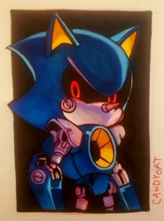 Size: 1331x1797 | Tagged: safe, artist:candycatstuffs, metal sonic, abstract background, black sclera, glowing eyes, looking offscreen, red eyes, robot, signature, solo, standing