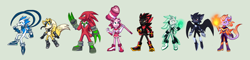 Size: 5000x1200 | Tagged: safe, artist:storm-sketch, amy rose, blaze the cat, knuckles the echidna, miles "tails" prower, rouge the bat, shadow the hedgehog, silver the hedgehog, sonic the hedgehog, bat, cat, echidna, fox, hedgehog, female, green background, group, male, redesign, simple background