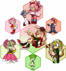 Size: 1170x1250 | Tagged: safe, artist:that-rae-of-sunshine, amy rose, cosmo the seedrian, shade the echidna, oc, echidna, hedgehog, seedrian, sonic chronicles, abstract background, female, females only, fusion, fusion:amy, fusion:cosmo, fusion:shade, group, hexafusion, sonic x, white background