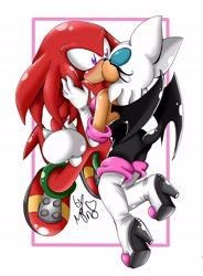 Size: 1691x2300 | Tagged: safe, artist:mino-the-cat, knuckles the echidna, rouge the bat, bat, echidna, female, knuxouge, male, shipping, straight