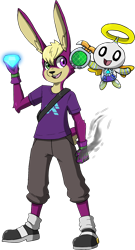 Size: 978x1815 | Tagged: safe, artist:karlwarrior47, oc, oc:jinx the rabbit, oc:keno, chao, rabbit, alternate version, chaos emerald, duo, hero chao, simple background, smile, transparent background