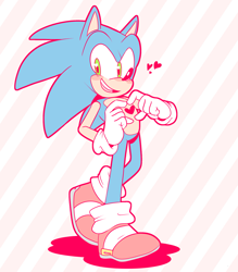 Size: 2293x2616 | Tagged: safe, artist:sp-rings, sonic the hedgehog, hedgehog, abstract background, buckle, gloves, heart hands, hearts, looking at viewer, male, mouth open, shoes, socks, solo, walking