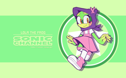Size: 3098x1936 | Tagged: safe, artist:sp-rings, oc, oc:lola the frog, frog, female, solo, sonic channel wallpaper style