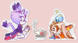 Size: 2245x1237 | Tagged: safe, artist:sp-rings, blaze the cat, cheese (chao), cream the rabbit, cat, chao, rabbit, agender, cute, cutout, female, neutral chao, pink background, simple background, sonic rush, trio