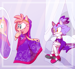 Size: 2180x2000 | Tagged: safe, artist:sp-rings, amy rose, blaze the cat, cat, hedgehog, amy x blaze, dress, duo, female, females only, lesbian, shipping