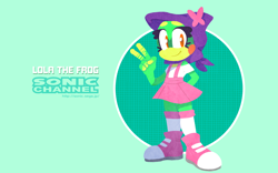 Size: 2048x1280 | Tagged: safe, artist:sp-rings, oc, oc:lola the frog, frog, female, lineless, solo, sonic channel wallpaper style