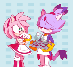 Size: 2173x2000 | Tagged: safe, artist:sp-rings, amy rose, blaze the cat, cat, hedgehog, 2017, amy x blaze, amy's halterneck dress, apron, baking, baking tray, blaze's tailcoat, cooking, cute, duo, female, females only, geometric background, holding something, inadvisable cooking, lesbian, shipping, sweatdrop
