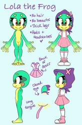 Size: 1175x1789 | Tagged: safe, artist:sp-rings, oc, oc:lola the frog, frog, blue background, character sheet, female, simple background, solo