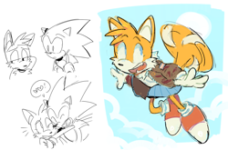 Size: 1280x847 | Tagged: safe, artist:hog heaven, miles "tails" prower, sonic the hedgehog, fox, hedgehog, aviator jacket, clouds, duo, flying, headcanon, hearts, hugging, sketch, skirt, spinning tails, trans female, trans girl tails, transgender