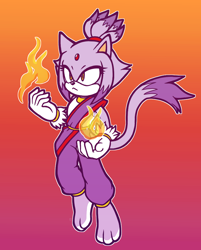 Size: 880x1093 | Tagged: safe, artist:hellaciousvision, blaze the cat, cat, flames, flying, frown, gloves, gradient background, looking ahead, mid-air, redesign, solo, torn gloves
