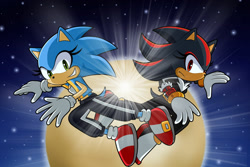 Size: 1280x854 | Tagged: safe, artist:heytherebabu, shadow the hedgehog, sonic the hedgehog, hedgehog, sonic adventure 2, clenched teeth, duo, frown, gender swap, gloves, looking at viewer, mid-air, moon, nighttime, redraw, shoes, smile, socks, star (sky)