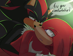 Size: 1280x982 | Tagged: safe, artist:fire-for-battle, knuckles the echidna, shadow the hedgehog, echidna, hedgehog, dialogue, duo, gay, knuxadow, lidded eyes, looking at each other, lying down, mouth open, shipping, snuggling, speech bubble