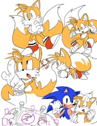 Size: 927x1200 | Tagged: safe, artist:aoii91, miles "tails" prower, sonic the hedgehog, fox, hedgehog, sonic frontiers, character sheet, duo, flying, hand on head, hands together, looking offscreen, miles electric, pointing, simple background, white background