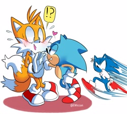 Size: 2362x2244 | Tagged: safe, artist:emilywiccan, miles "tails" prower, sonic the hedgehog, fox, hedgehog, sonic forces, blushing, classic sonic, exclamation mark, gay, hand on hip, heart, jealously, looking at each other, love triangle, modern sonic, modern tails, mouth open, question mark, running, shipping, shrunken pupils, simple background, sonic x tails, standing, standing on one leg, this won't end well, trio, white background