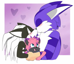 Size: 1280x1123 | Tagged: safe, artist:fire-for-battle, big the cat, infinite the jackal, oc, oc:alina the hyena, cat, hyena, jackal, sonic forces, abstract background, bigfinite, blushing, crack shipping, eyes closed, father and daughter, gay, hearts, holding them, mouth open, nuzzle, one fang, parent:big, parent:infinite, parents:bigfinite, size difference, smile, trio