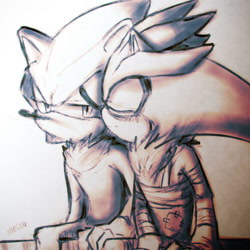 Size: 1024x1024 | Tagged: safe, artist:moccacino-chan, mephiles the dark, silver the hedgehog, hedgehog, bandage, blushing, duo, eyes closed, gay, grey background, injured, kiss, kiss on cheek, lidded eyes, looking at them, mephilver, monochrome, neck fluff, no mouth, shipping, simple background, sitting