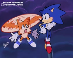 Size: 1650x1300 | Tagged: safe, artist:kirby-popstar, miles "tails" prower, sonic the hedgehog, fox, hedgehog, sonic the ova, arms out, blue shoes, clouds, duo, flying, frown, gloves, hand on hip, looking at each other, one fang, redraw, shoes, signature, socks, spinning tails, standing